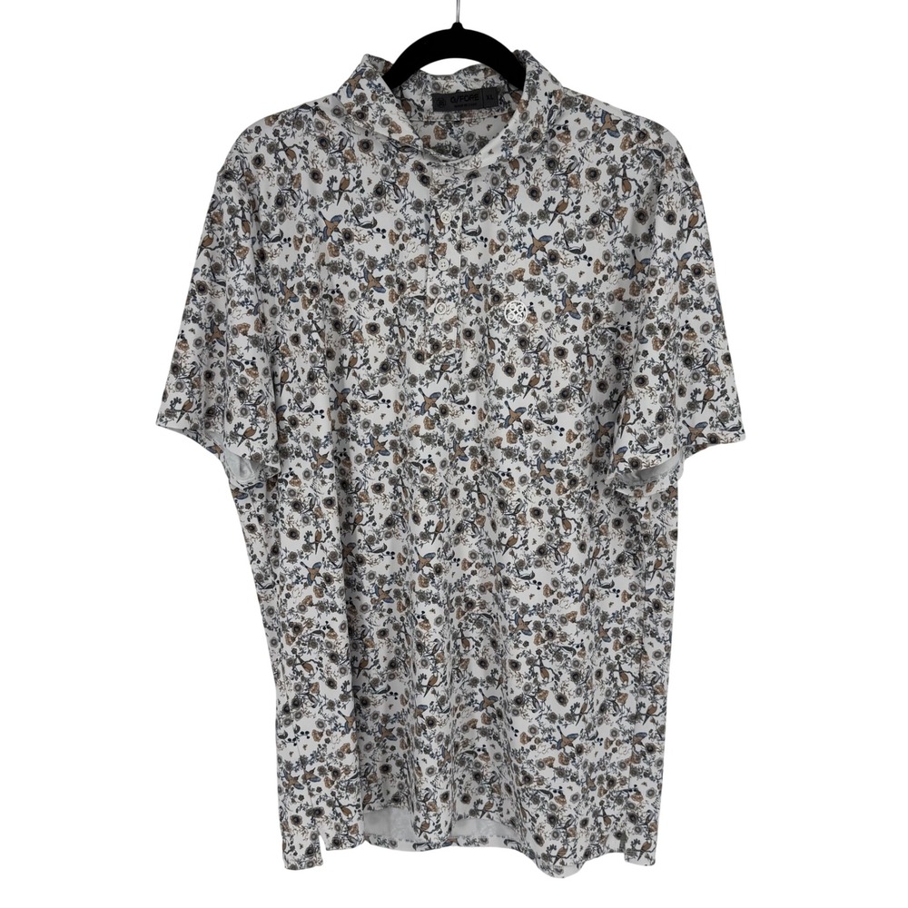 G/FORE Mens XL Botanic Garden Tech Jersey Golf Polo Floral Birds‎ Oak